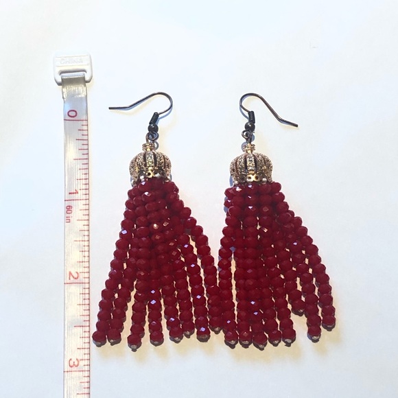 Red/Antique Rose Gold Crystal Tassel Earrings - Picture 11 of 14